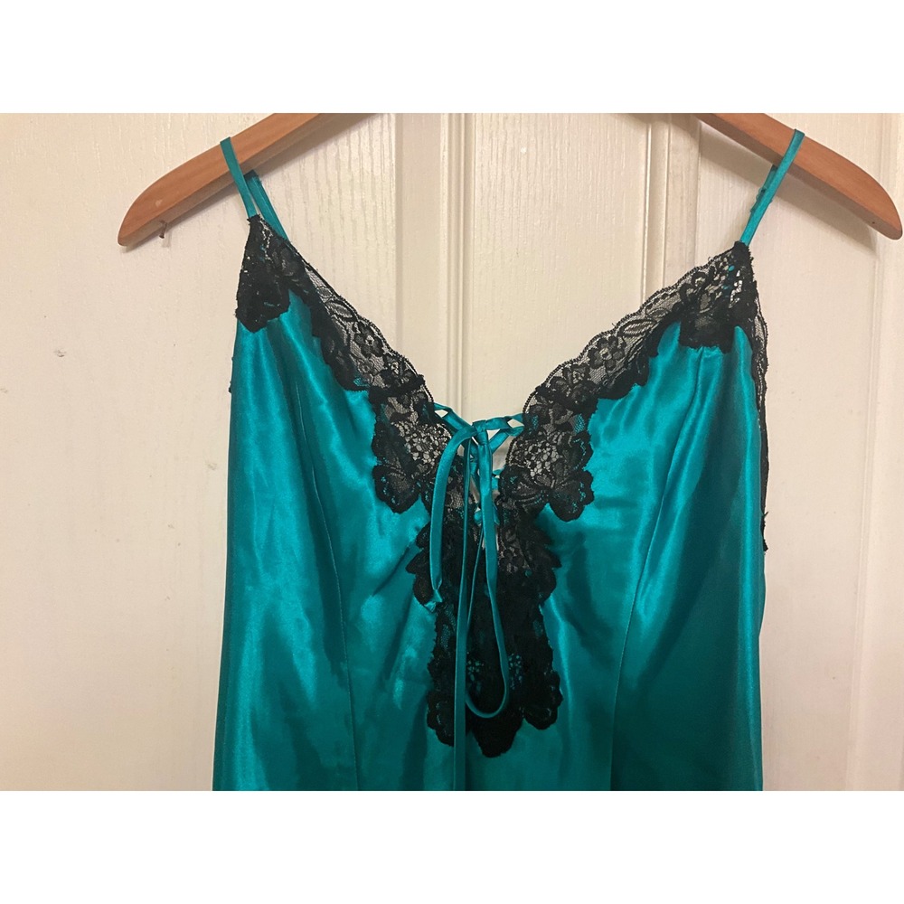 Fredericks of Hollywood Teal Satin Lace Chemise Nightgown Y2K Style 44782 Medium